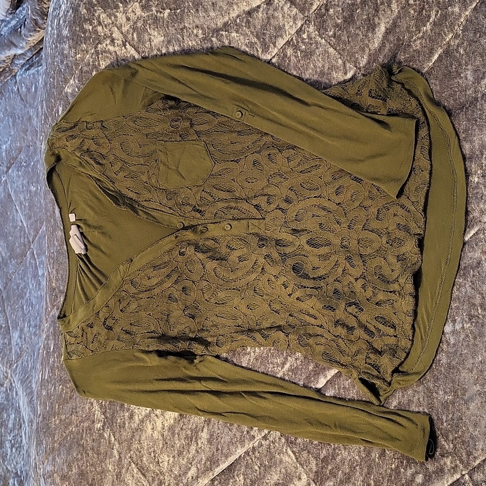 Anthropologie Vanessa Virginia Olive Green Lace Panel Long Sleeve Top - Size S